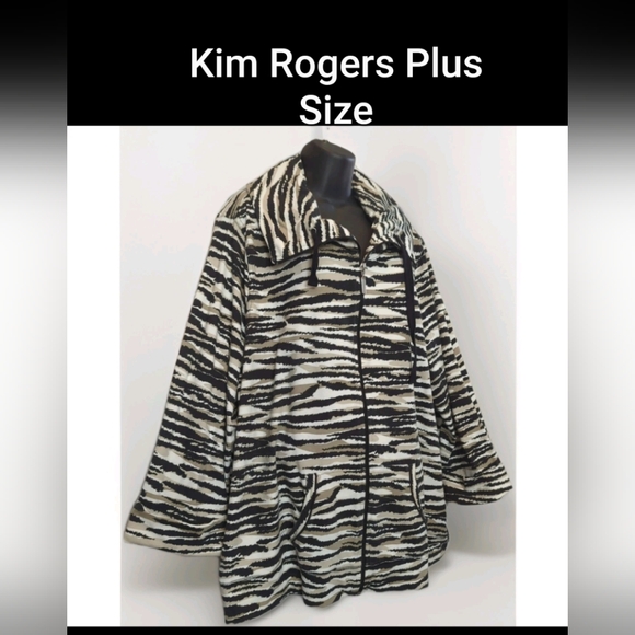 Kim Rogers Womens 2X Jacket Zebra Stripe Full Zip Roll Sleeve Pockets Draw Strin - Picture 1 of 16